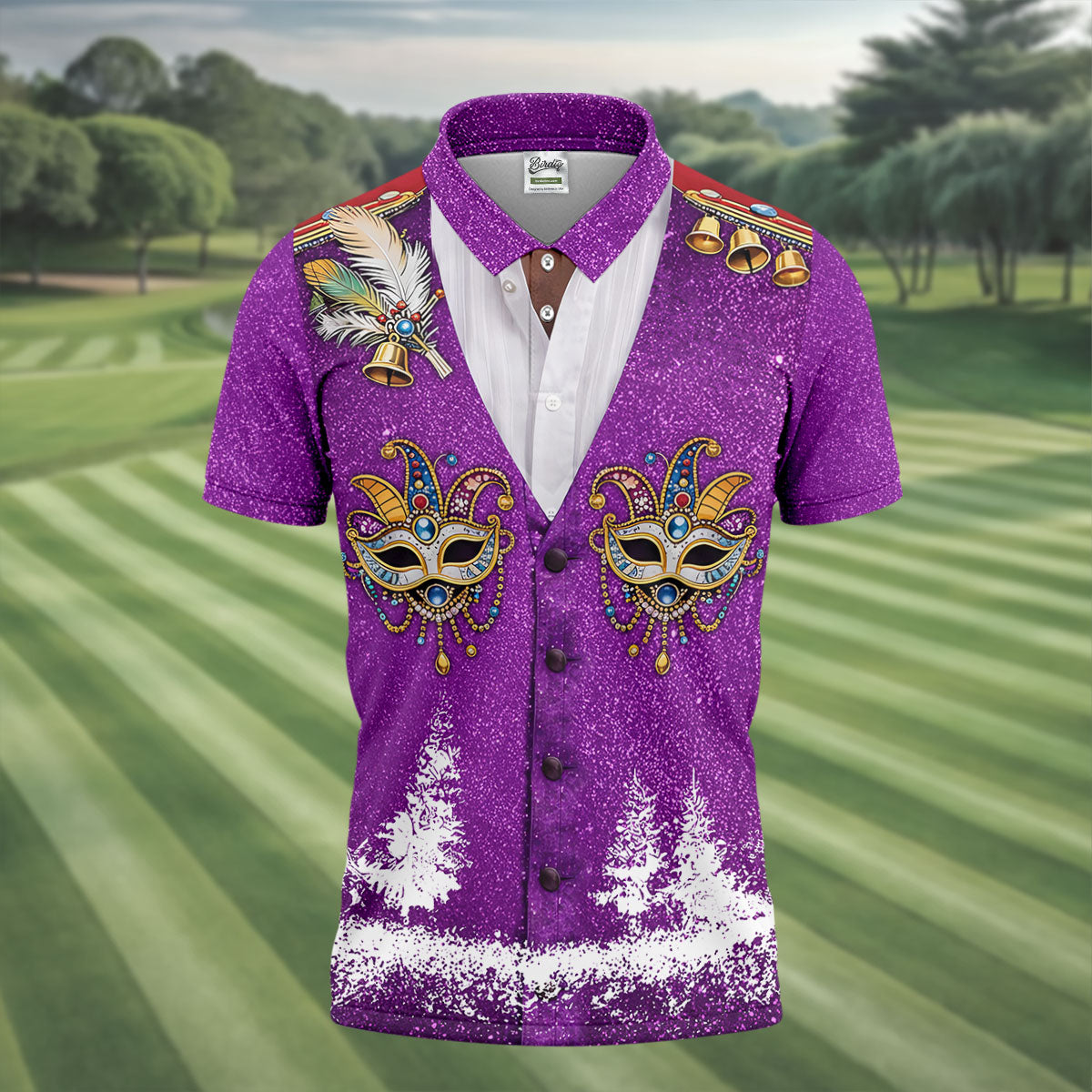 Masquerade Mask Feather Mardi Gras Glitter Print Purple Golf Shirt, Polo ShirtFor Men, Golf Shirts For Men