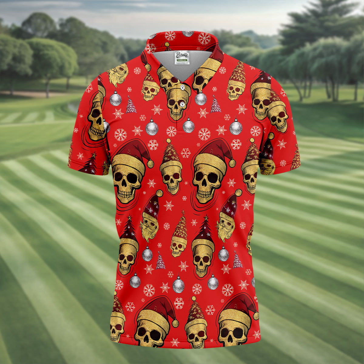 Vintage Skull Christmas Golf Shirt, Red Golf Shirt, Golf Shirts For Men, Cool Golf Gift, Golfing Apparel