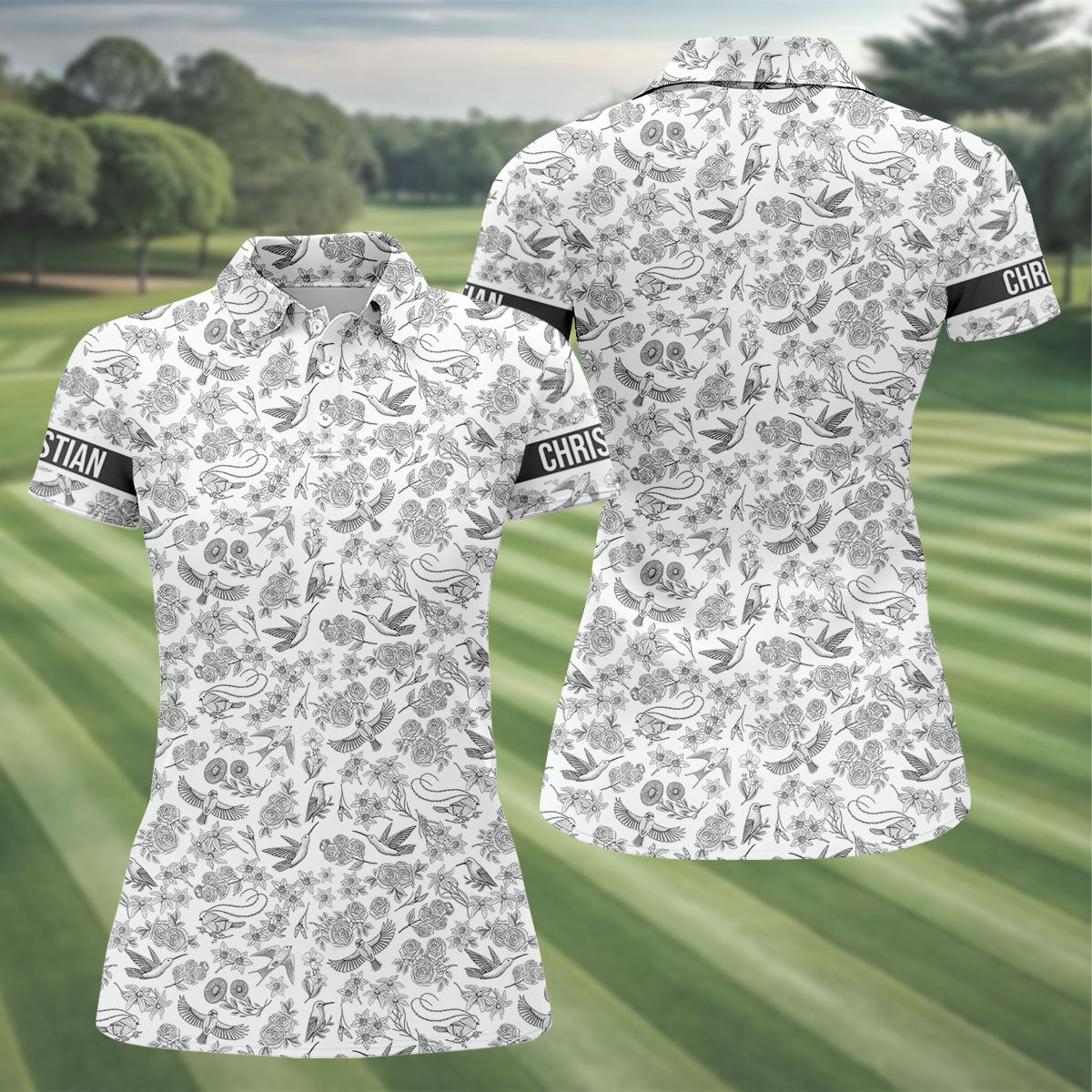 Custom Name Toile de Jouy Birds And Flowers Grey And White Women Golf Top, Ladies Golf Polos