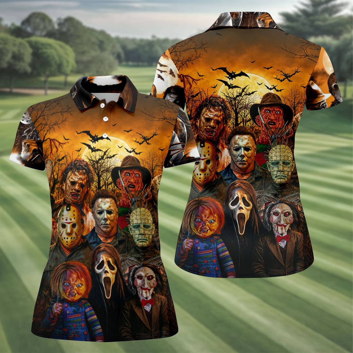 Halloween Horror Character Hawaiian Golf Shirt, Women’s Golf Tops, Golf Shirts For Women