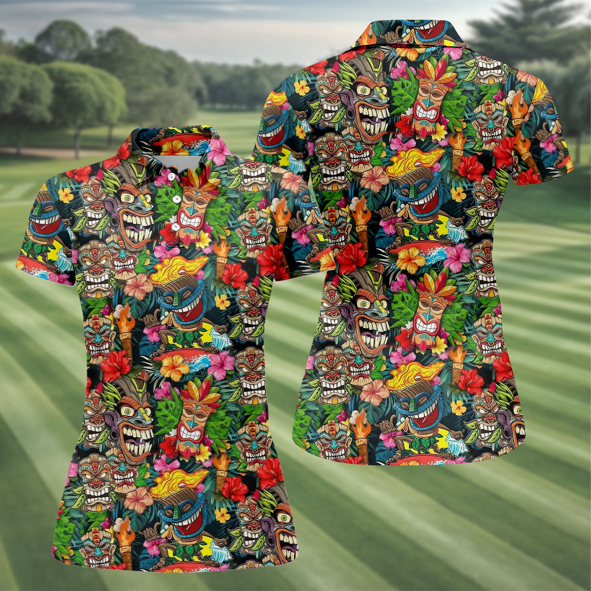 Hawaiian Tiki Tropical Floral Women's Golf Tops, Ladies Golf Shirts, Ladies Golf Polos