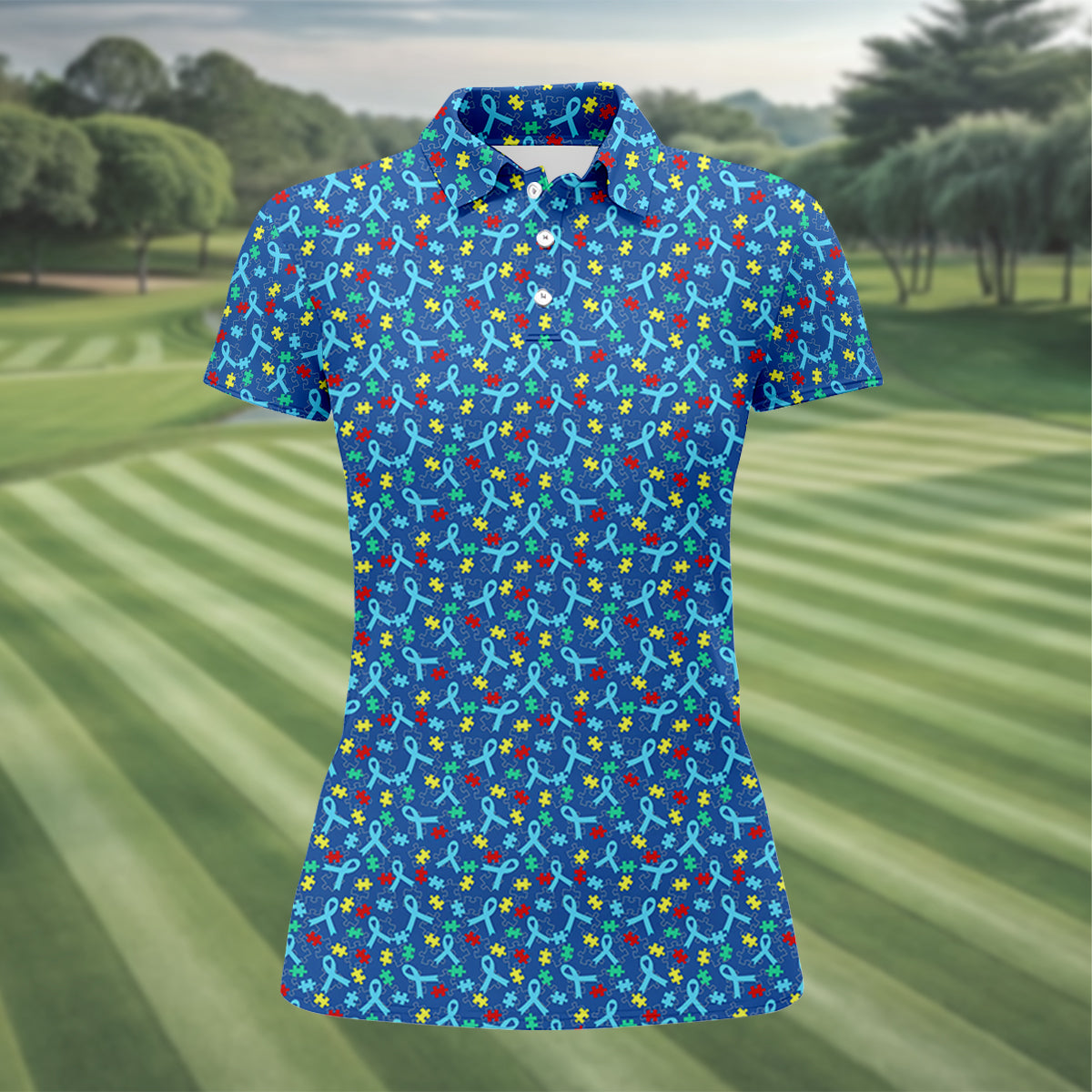 Autism Awareness Ribbon And Colorful Puzzles Blue Golf Shirt, Women's Golf Tops, Ladies Golf Shirts