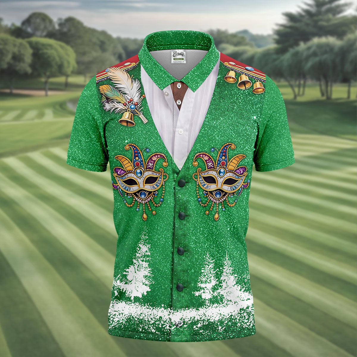 Masquerade Mask Feather Mardi Gras Glitter Print Green Golf Shirt, Polo ShirtFor Men, Golf Shirts For Men
