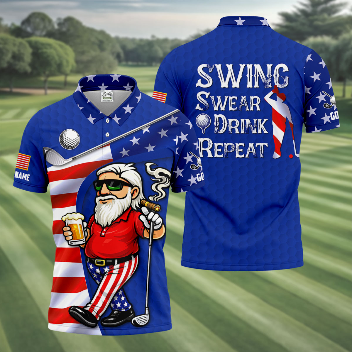 Swing Swear Drink Repeat Golf And Beer Patriotic Man 4th Of July Navy Golf Shirt, 250 Years Golf Shirts For Men