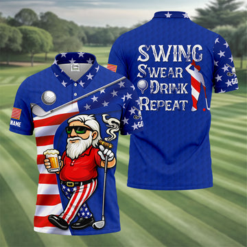 Swing Swear Drink Repeat Golf And Beer Patriotic Man 4th Of July Navy Golf Shirt, 250 Years Golf Shirts For Men