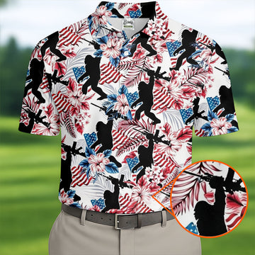 Hawaiian Bigfoot Patriotic 4th Of July American Flag Golf Shirt, 250th Anniversary Golf Shirts For Men