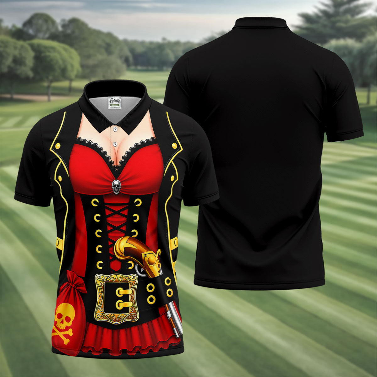 Red Corset Pirate Costume Skull Belt Golf Shirt, Mens Golf Polo, Golf Apparel For Men, Printed Golf Shirts