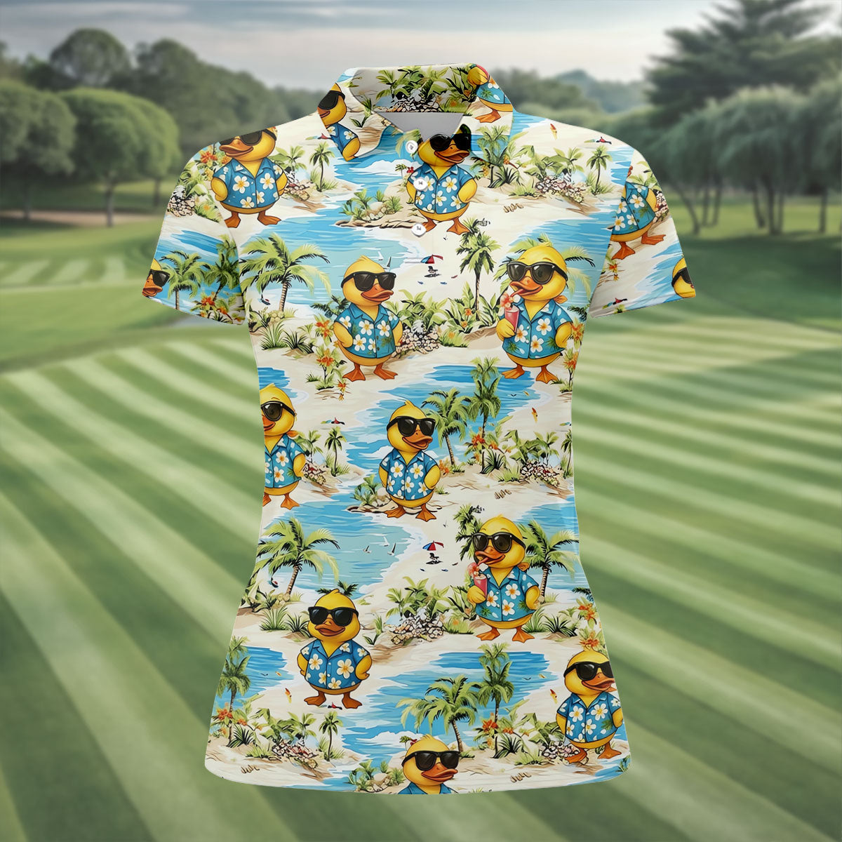 Cute Funny Duck Hawaiian Golf Shirt, Beach Theme Women's Golf Tops, Ladies Golf Shirts