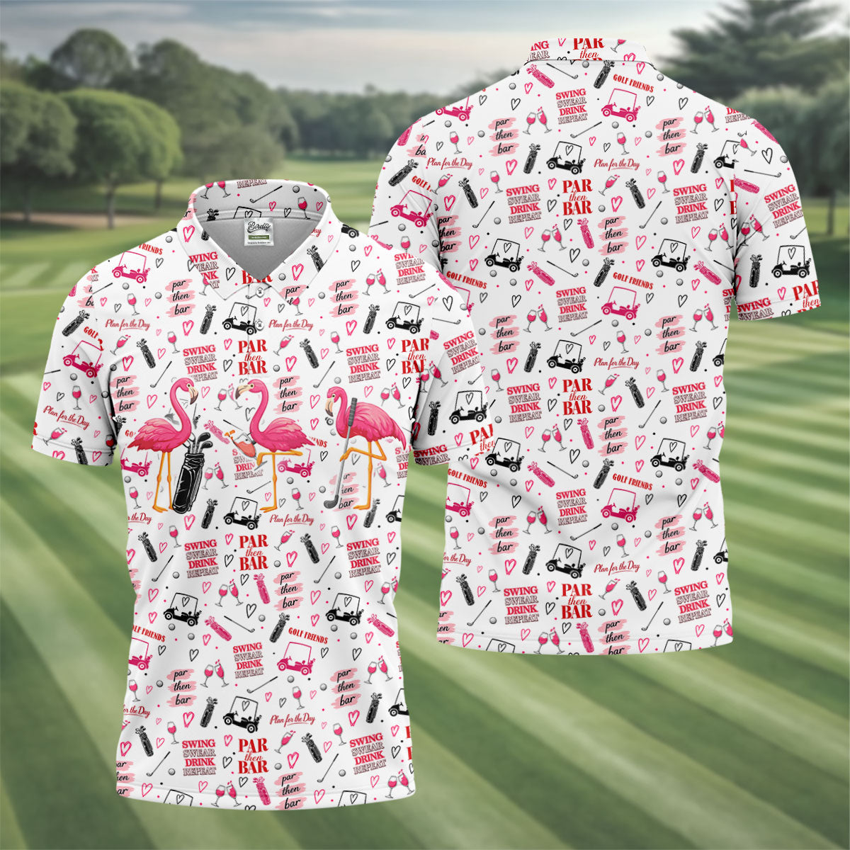 Par Then Bar Flamingo Golf Shirt, Tropical Party Polo Shirt Men, Golf Shirts For Men