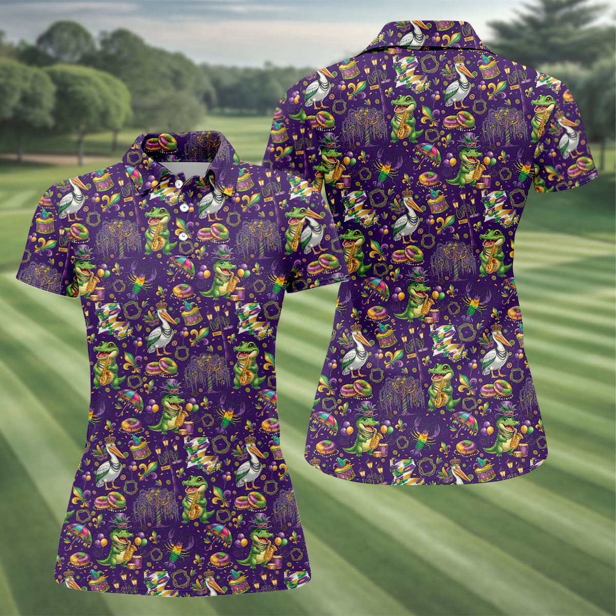 Mardi Gras Fleur De Lis Animal Band Purple Golf Shirt, Women's Golf Shirts, Ladies Golf Polos
