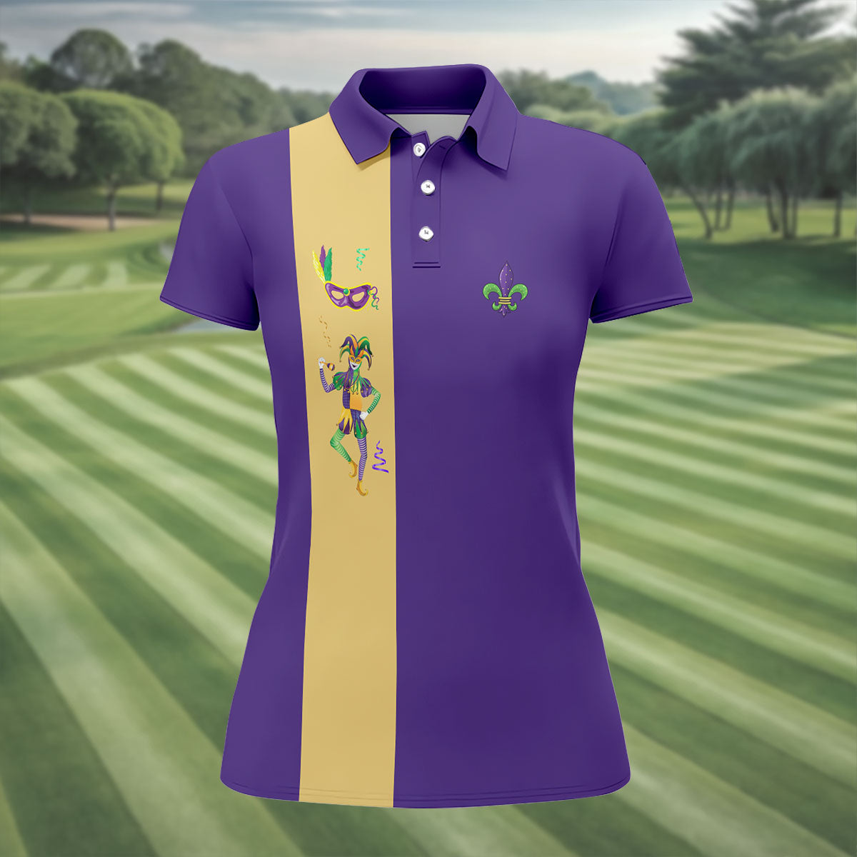 Mardi Gras Festival Jester Figure Fleur De Lis Symbol Purple Golf Shirt, Women's Golf Tops, Ladies Golf Polos