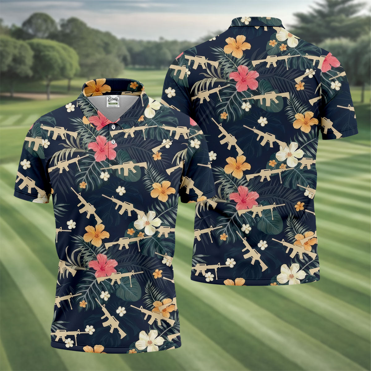 Colorful Hibiscus With Army Theme Golf Shirts For Men, Polo ShirtFor Men, Golfing Apparel