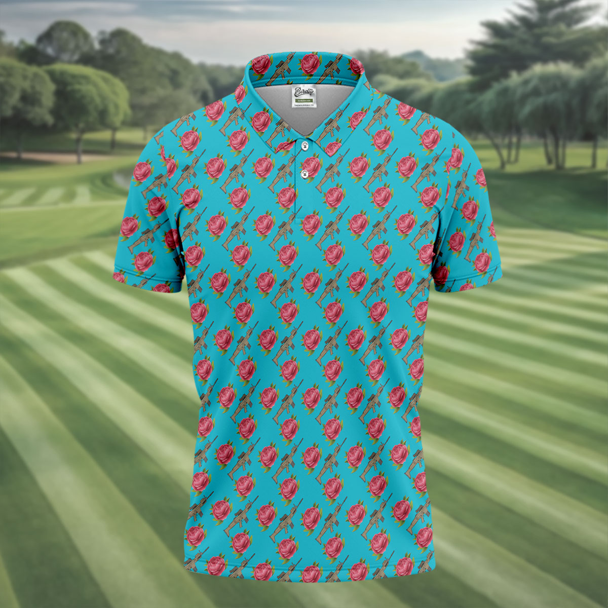 Gun And Rose Seamless Pattern Blue Golf Shirt, Golf Tops For Men, Golf Shirts For Men