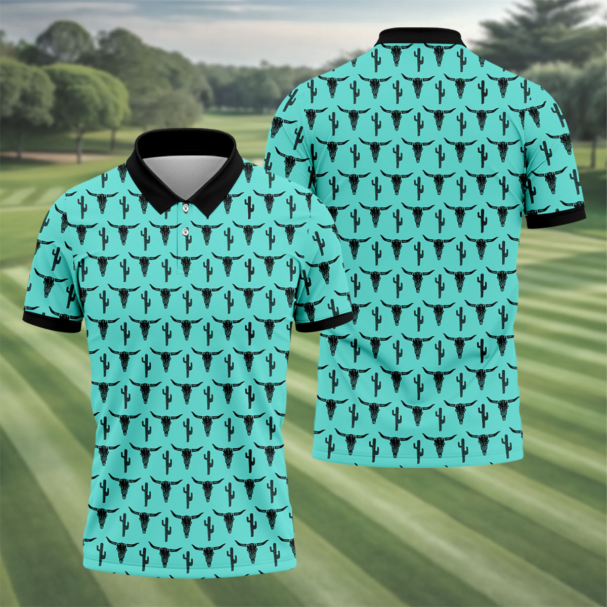 Longhorn Cow Skull Western Theme Peacock Blue Golf Tops For Men, Polo Shirtor Men, Golf Shirts For Men