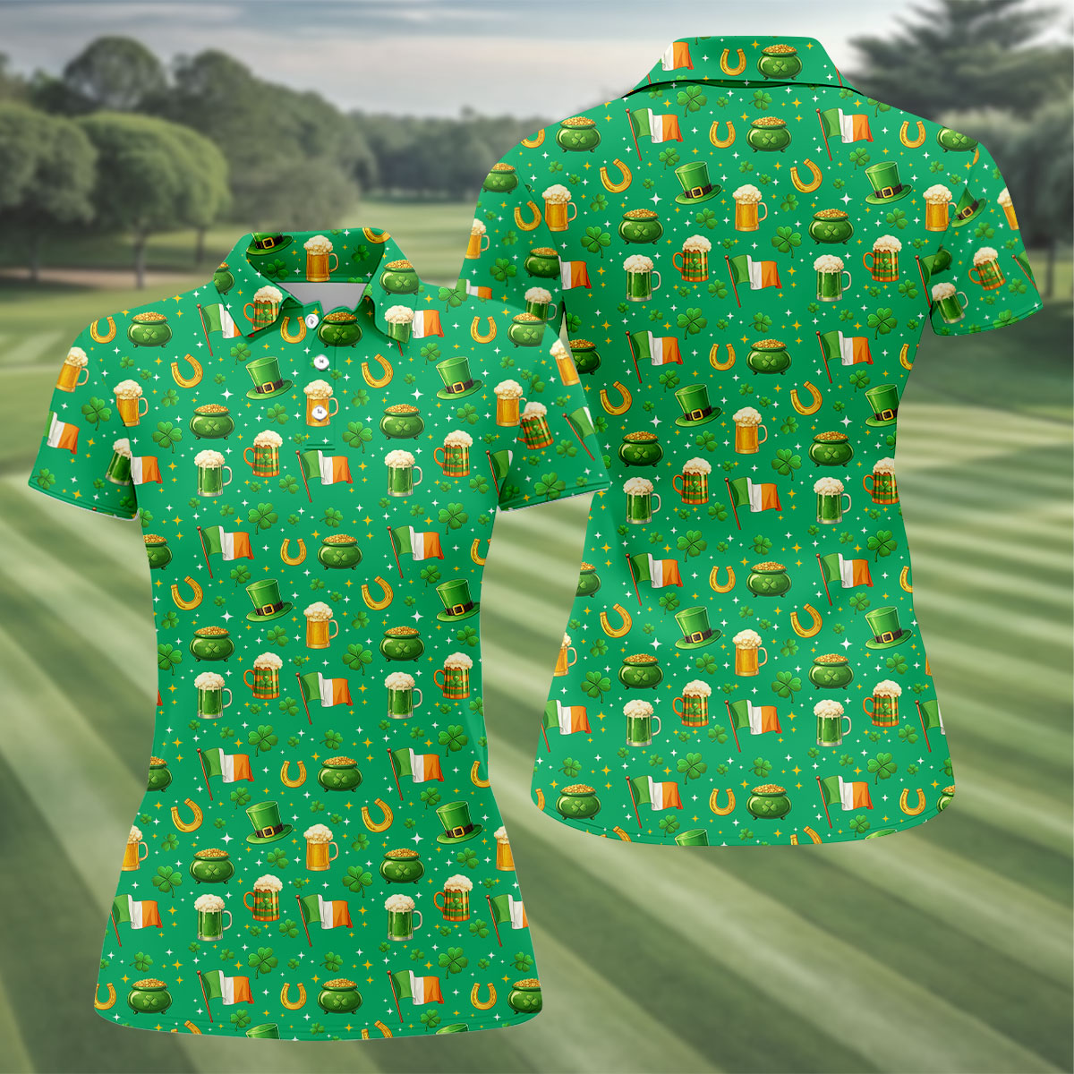 St Patrick's Day Pot Of Gold Leprechaun Hats Irish Flag Women's Golf Tops, Ladies Golf Shirts