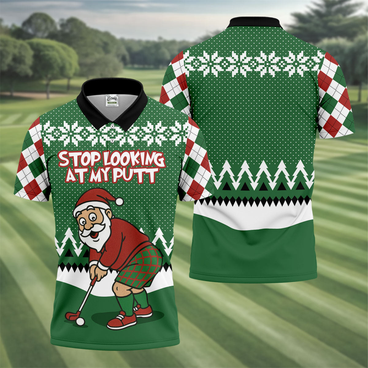 Stop Looking At My Putt Funny Santa Claus Argyle Golf Shirt, Christmas Golf Shirt, Polo ShirtFor Men