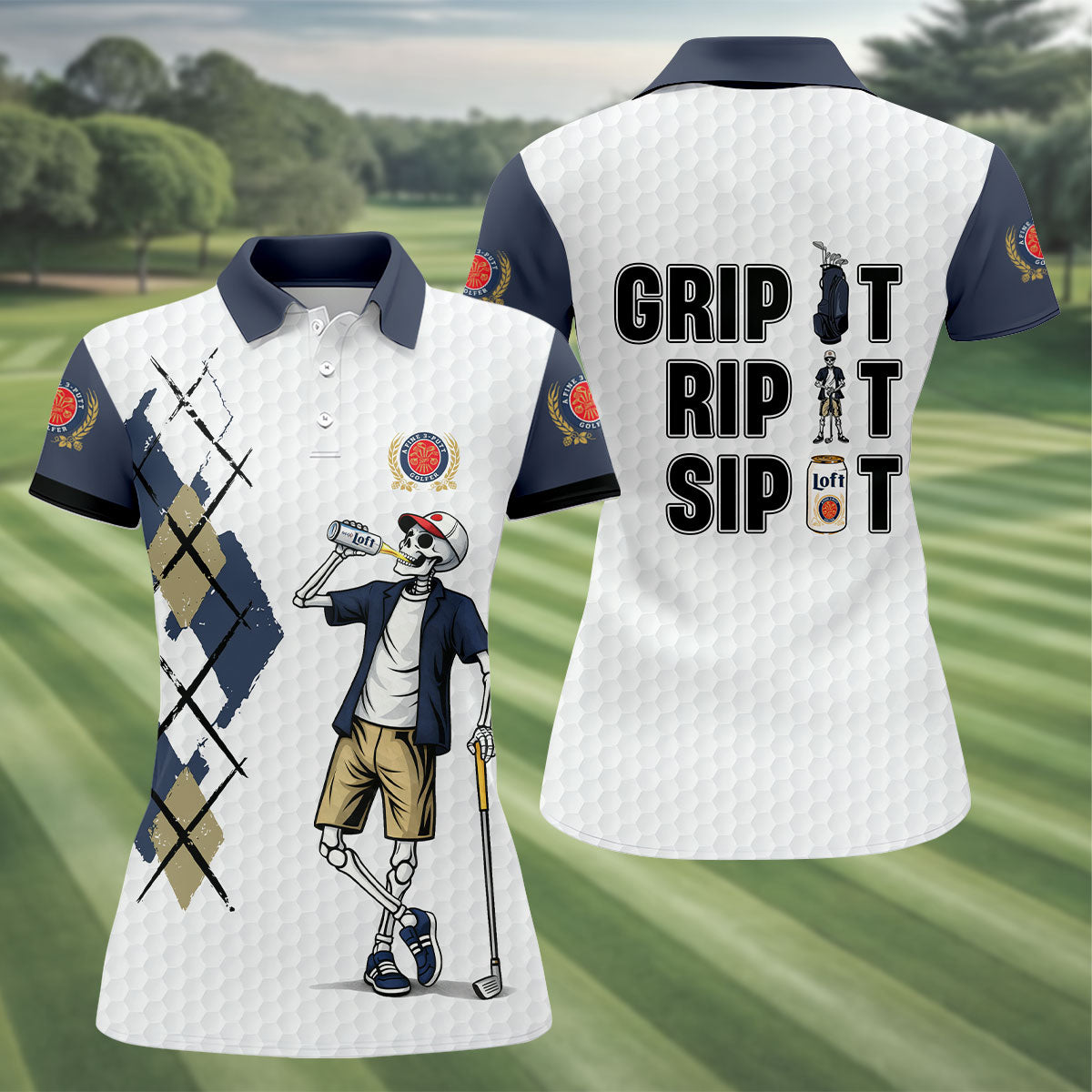 Funny Skeleton Golfer Drinking Beer Polo Shirt, Women’s Golf Apparel, Ladies Golf Shirts