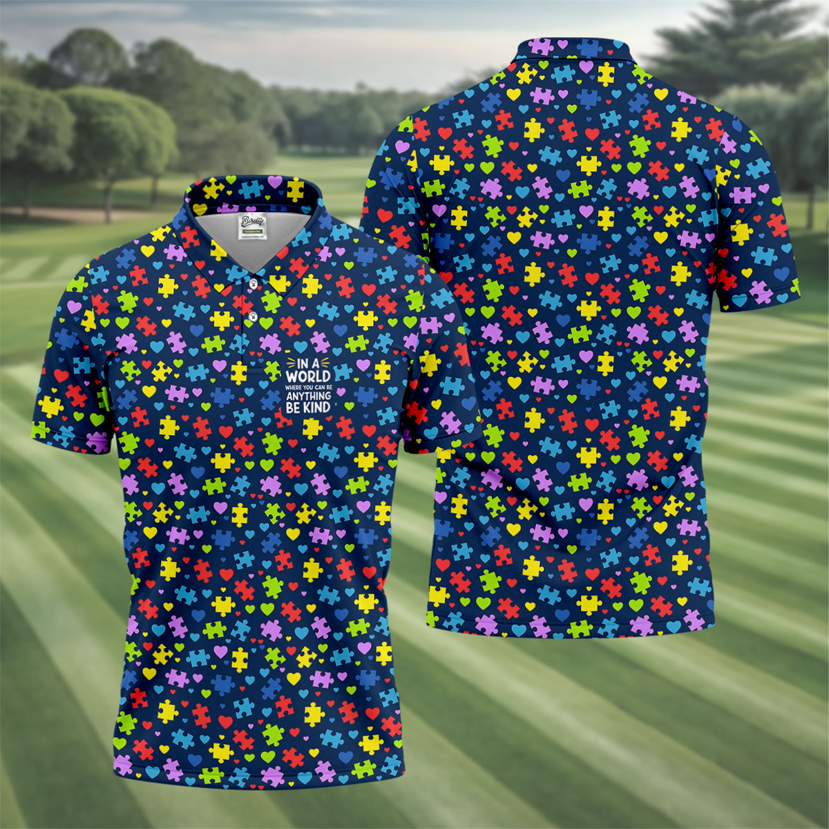 In A World Where You Can Be Anything Be Kind Autism Awareness Puzzle Pattern Navy Golf Shirt, Polo ShirtFor Men