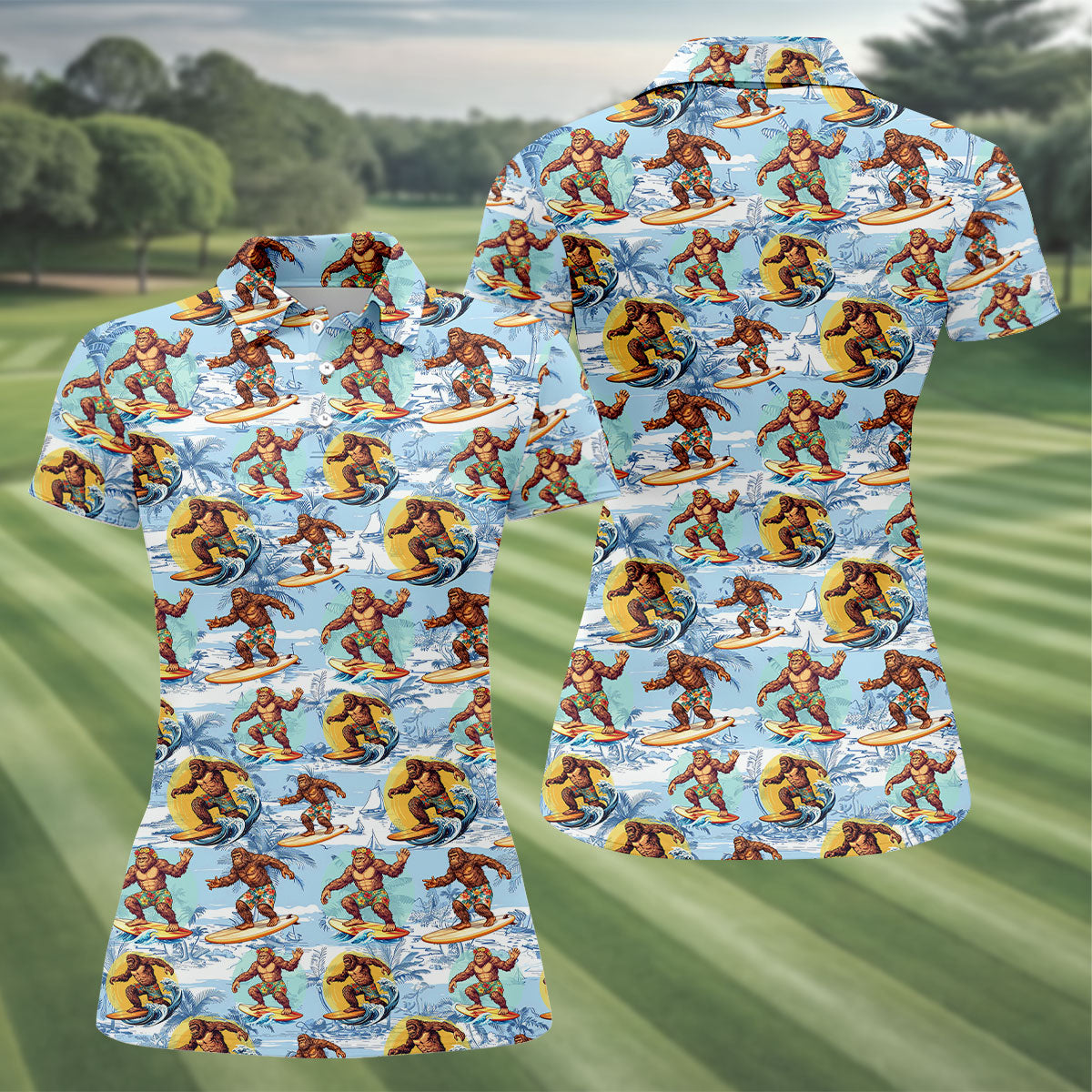 Surfing Bigfoot Hawaiian Golf Shirt, Womens Golf Tops, Golf Polo For Women