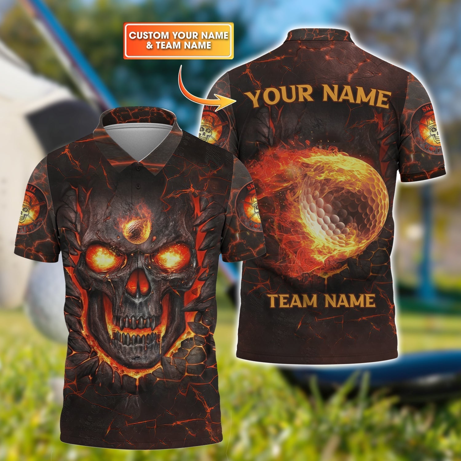 Custom Flaming Skull Men's Golf Polo ShirtGolfing Apparel, Gift For Golfers