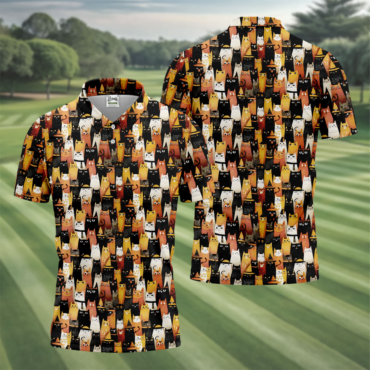Orange Black Halloween Cat Fun Golf Shirts For Men, Cute Golf Outfit, Polo ShirtFor Men