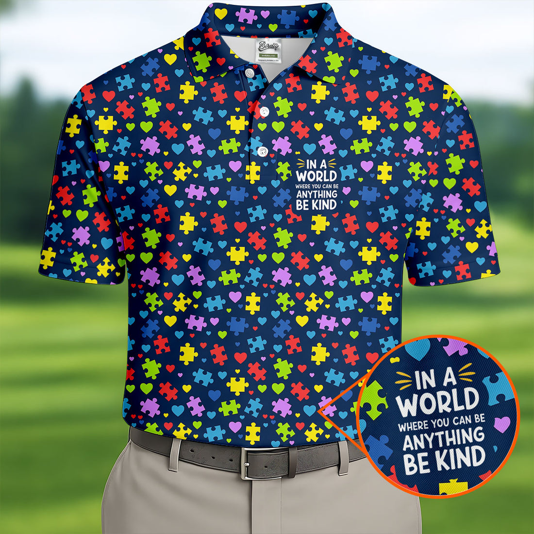 In A World Where You Can Be Anything Be Kind Autism Awareness Puzzle Pattern Navy Golf Shirt, Polo ShirtFor Men