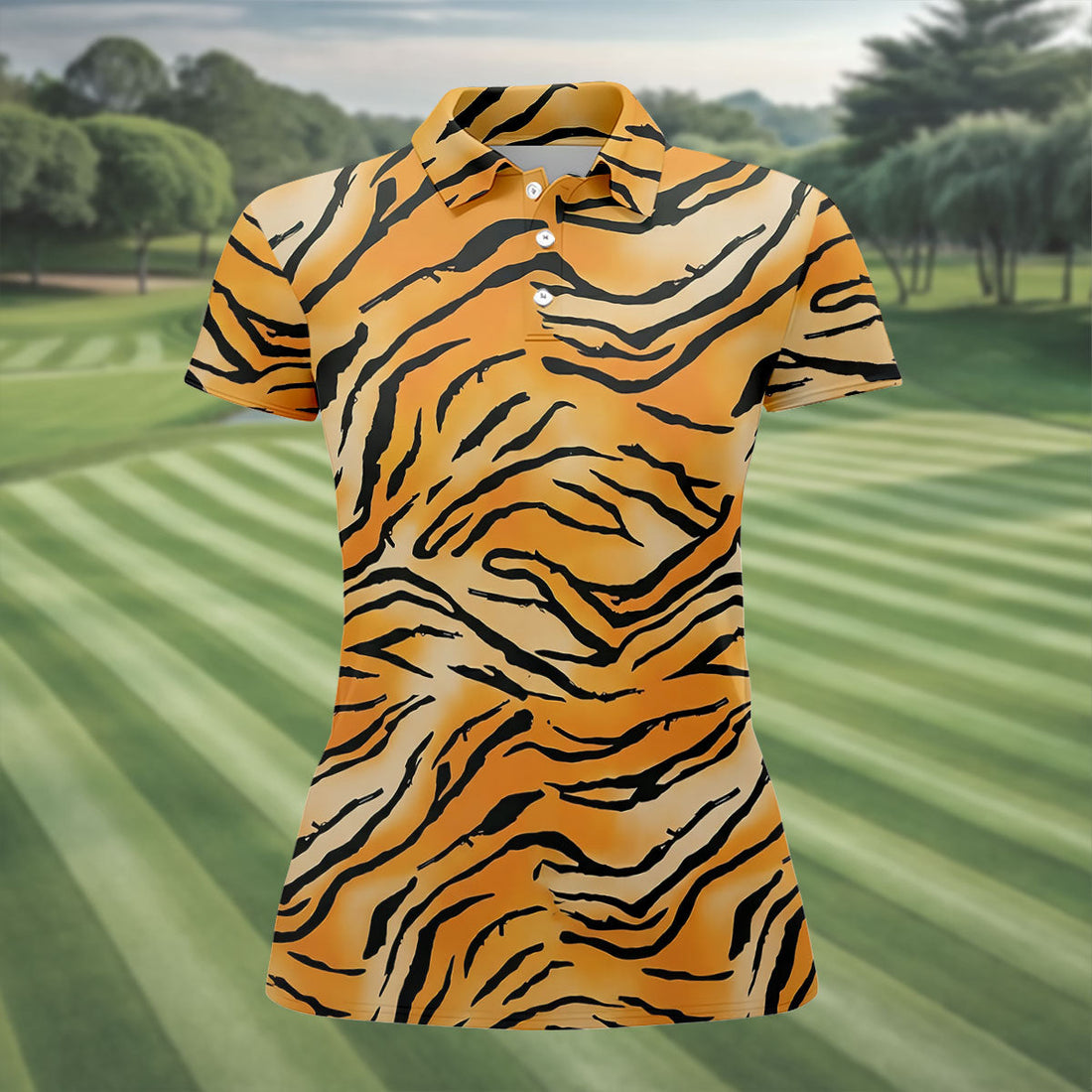 Tiger Stripe Pattern Hawaiian Golf Shirt, Fun Women's Golf Shirts, Ladies Golf Shirts