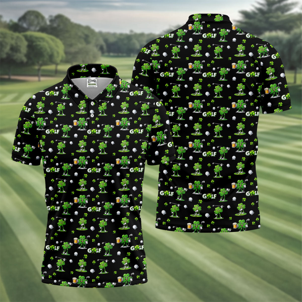 Three Leaf Clover Golf And Beer St Patrick's Day Black Golf Shirt, Fun Golf Shirts For Men, Polo ShirtFor Men