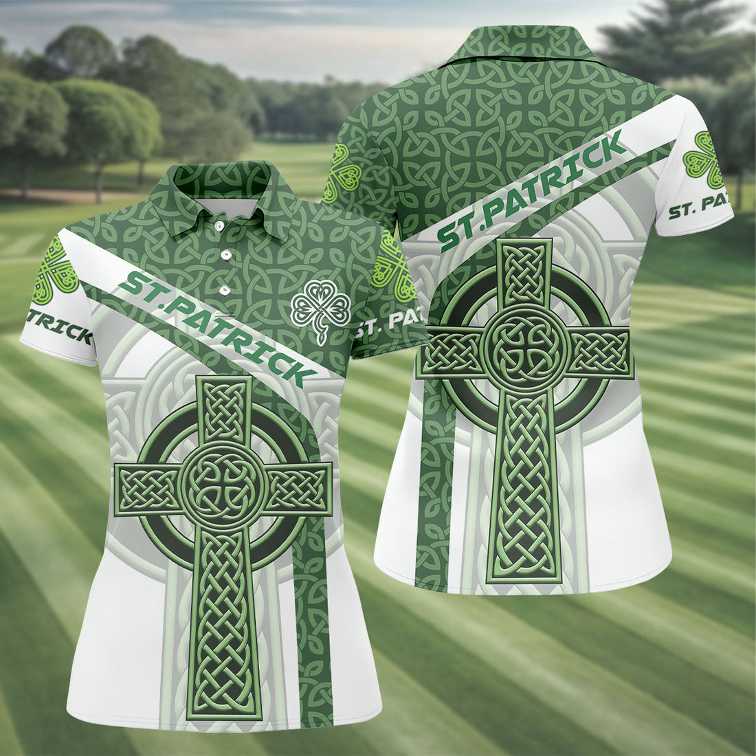 St Patrick's Day Celtic Knotwork Pattern Shamrock Golf Shirt, Women's Golf Tops, Ladies Golf Polos