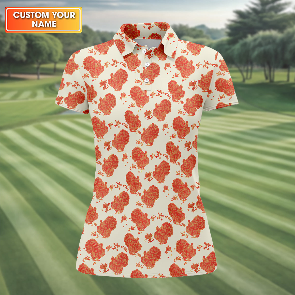 Turkey Pattern Beige And Orange Women's Golf Tops, Ladies Golf Polos, Thanksgiving Gift