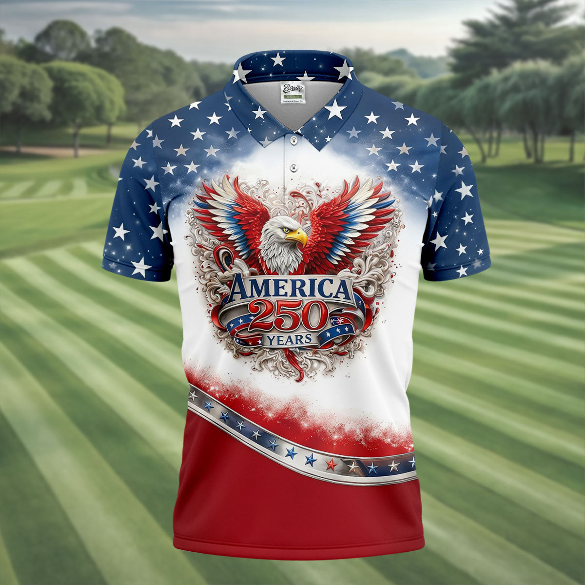 Bald Eagle Red White Blue Patriotic Stars 4th Of July Golf Shirt, 250 Years Golf Shirts For Men