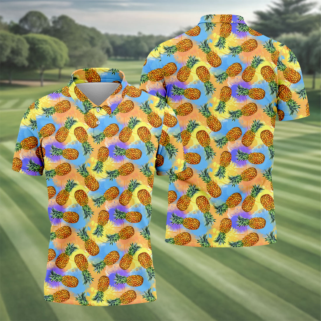 Colorful Pineapple Tropical Pattern Golf Shirt, Mens Polo Shirt, Hawaiian Golf Shirt, Performance Golf Shirt