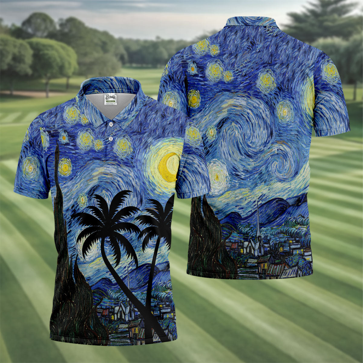 Van Gogh Starry Night Tropical Palm Tree Golf Shirt, Mens Golf Polo, Printed Golf Shirts