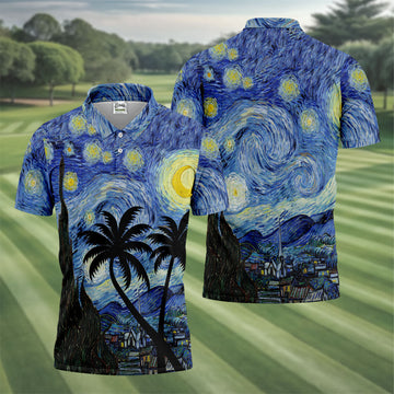 Van Gogh Starry Night Tropical Palm Tree Golf Shirt, Mens Golf Polo, Printed Golf Shirts