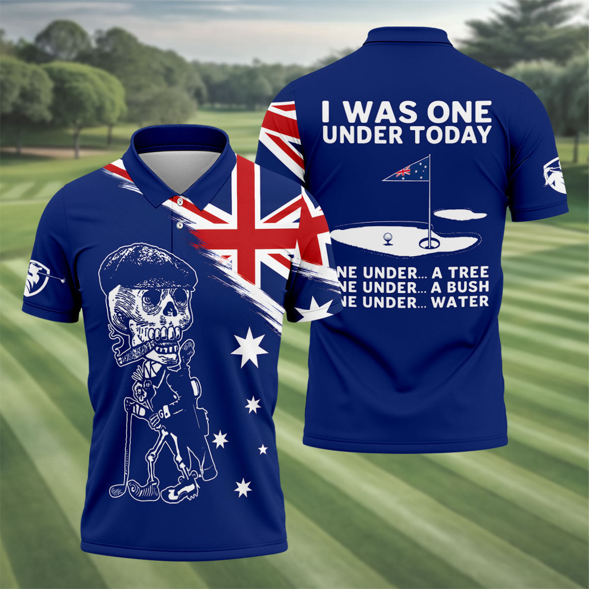 I Was One Under Today Skeleton Golfer Australia Flag Print Golf Tops For Men, Polo Shirtor Men