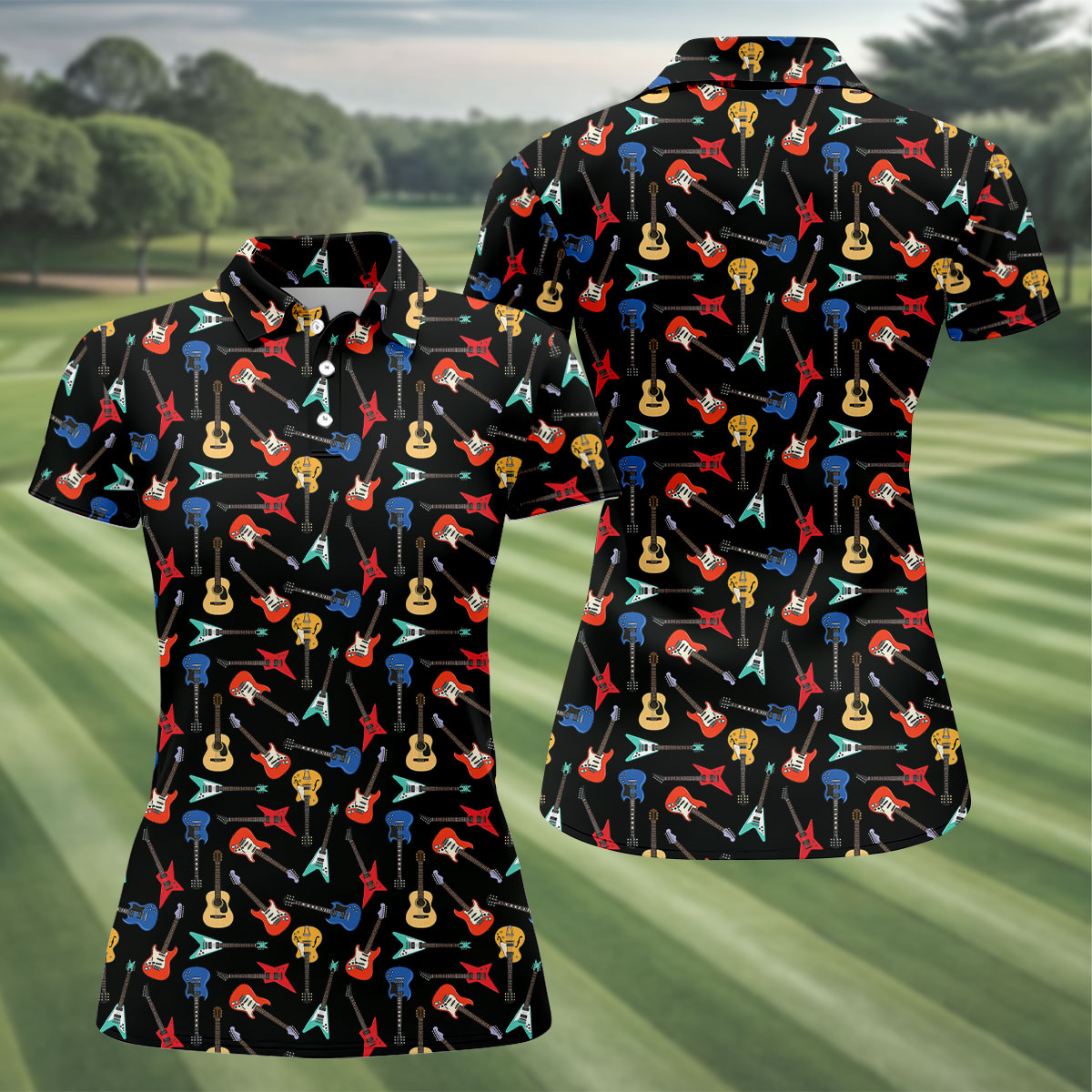 Guitar Pattern Hawaiian Golf Shirt, Music Lover Women's Golf Tops, Ladies Golf Shirts