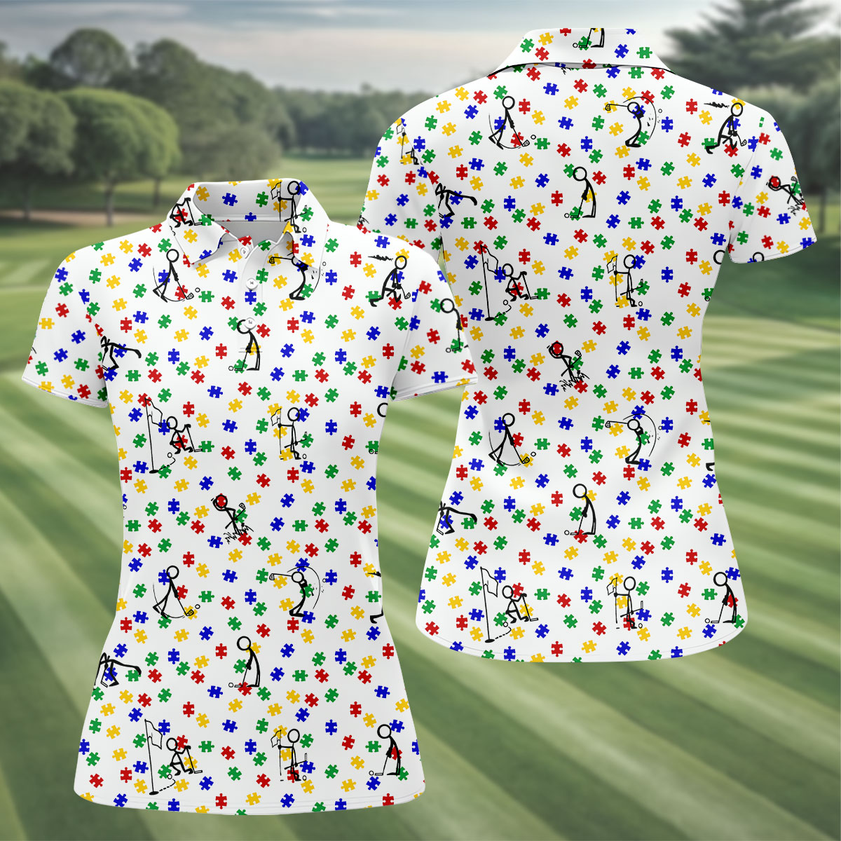 Funny Stick Figure Autism Puzzle Polo Shirts For Women, Autism Awareness Golf Shirt, Ladies Golf Shirt