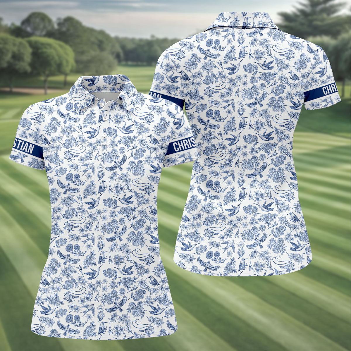 Custom Name Toile de Jouy Birds And Flowers Blue Golf Shirt, Women Golf Top, Ladies Golf Polos