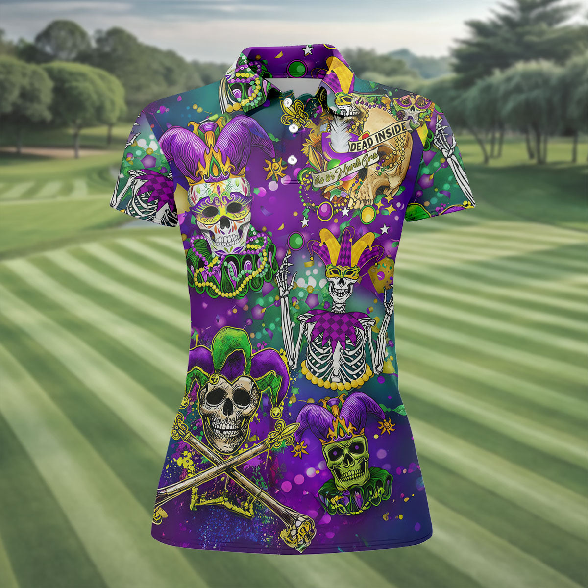 Dead Inside Mardi Gras Festival Skull Purple Green Gold Women's Golf Tops, Ladies Golf Polos