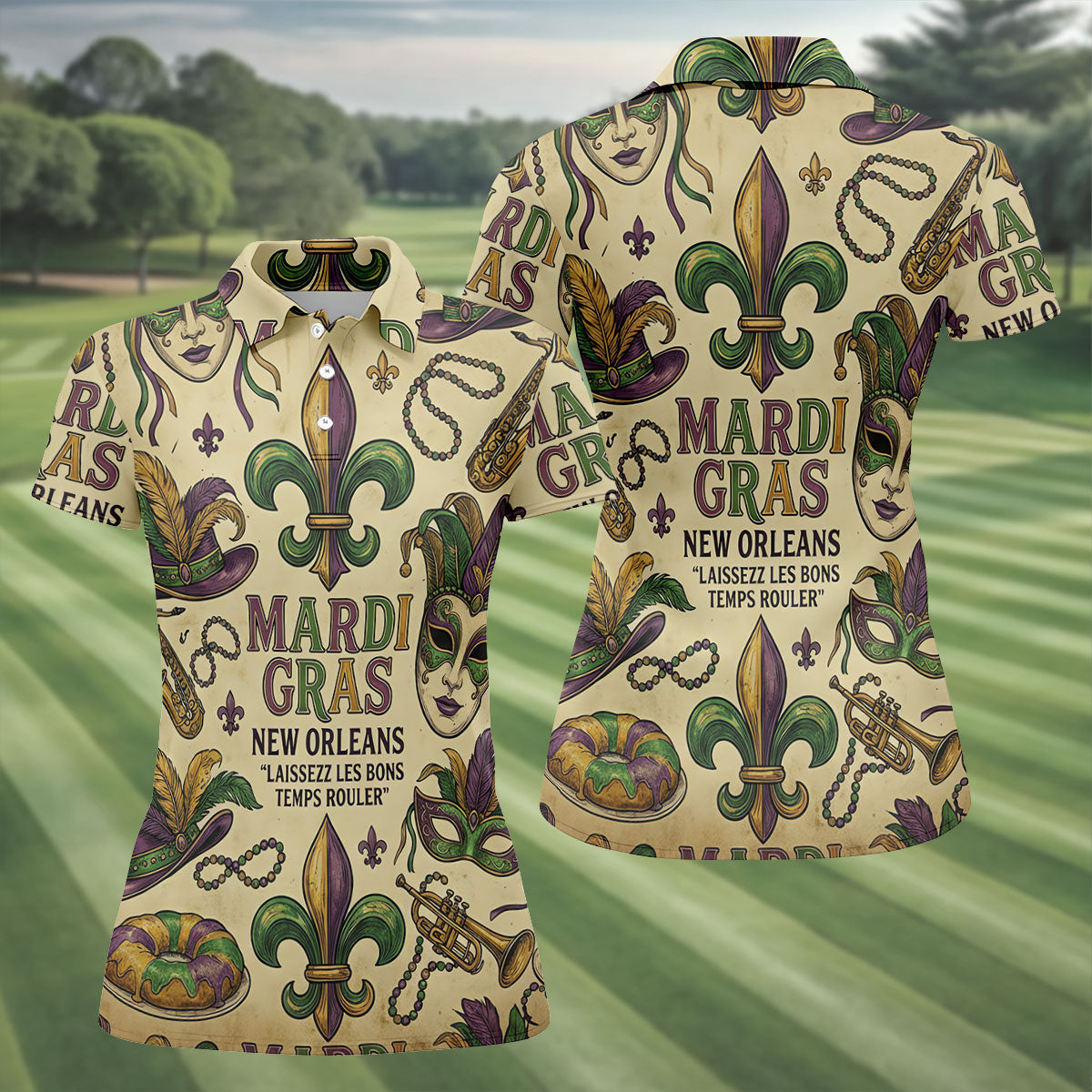 Mardi Gras New Orleans Fleur De Lis Carnival Hat Women's Golf Tops, Ladies Golf Shirts, Ladies Golf Polos
