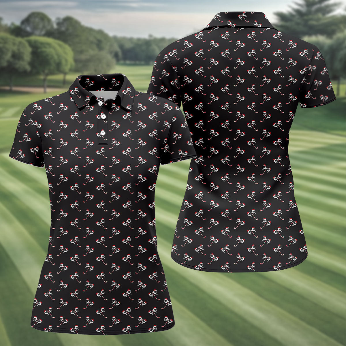 Funny Christmas Candy Cane Pattern Black Golf Shirt, Christmas Golf Shirt, Golf Gifts For Women