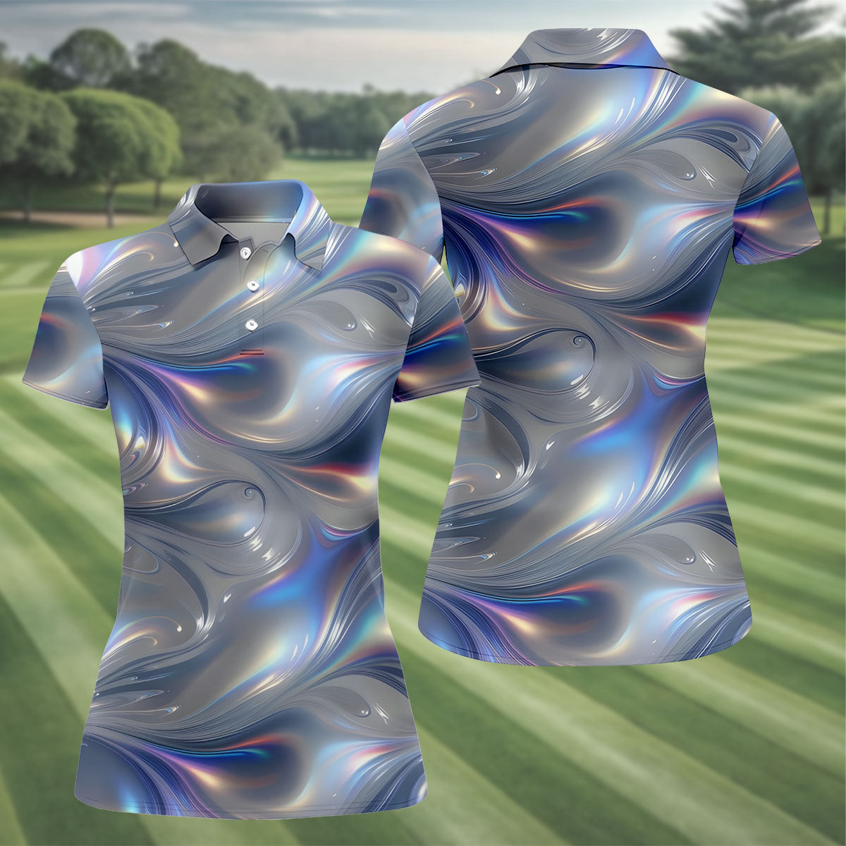 Silver Marble Golf Shirt, Futuristic Holographic Wave Pattern, Golf Shirt For Women