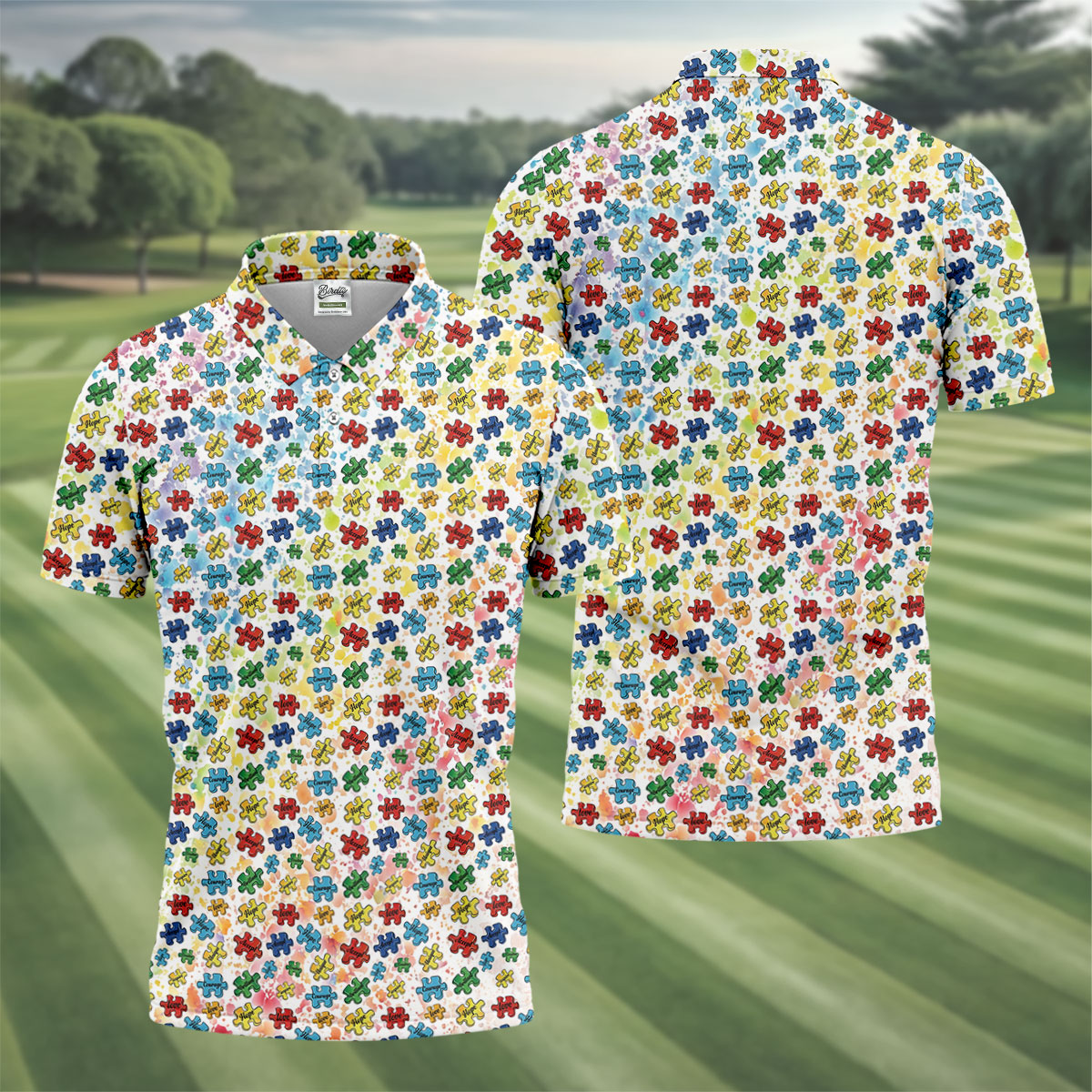 Autism Awareness Jigsaw Puzzle Pieces Rainbow Paint Splatter Men's Golf Shirt, Polo ShirtFor Men