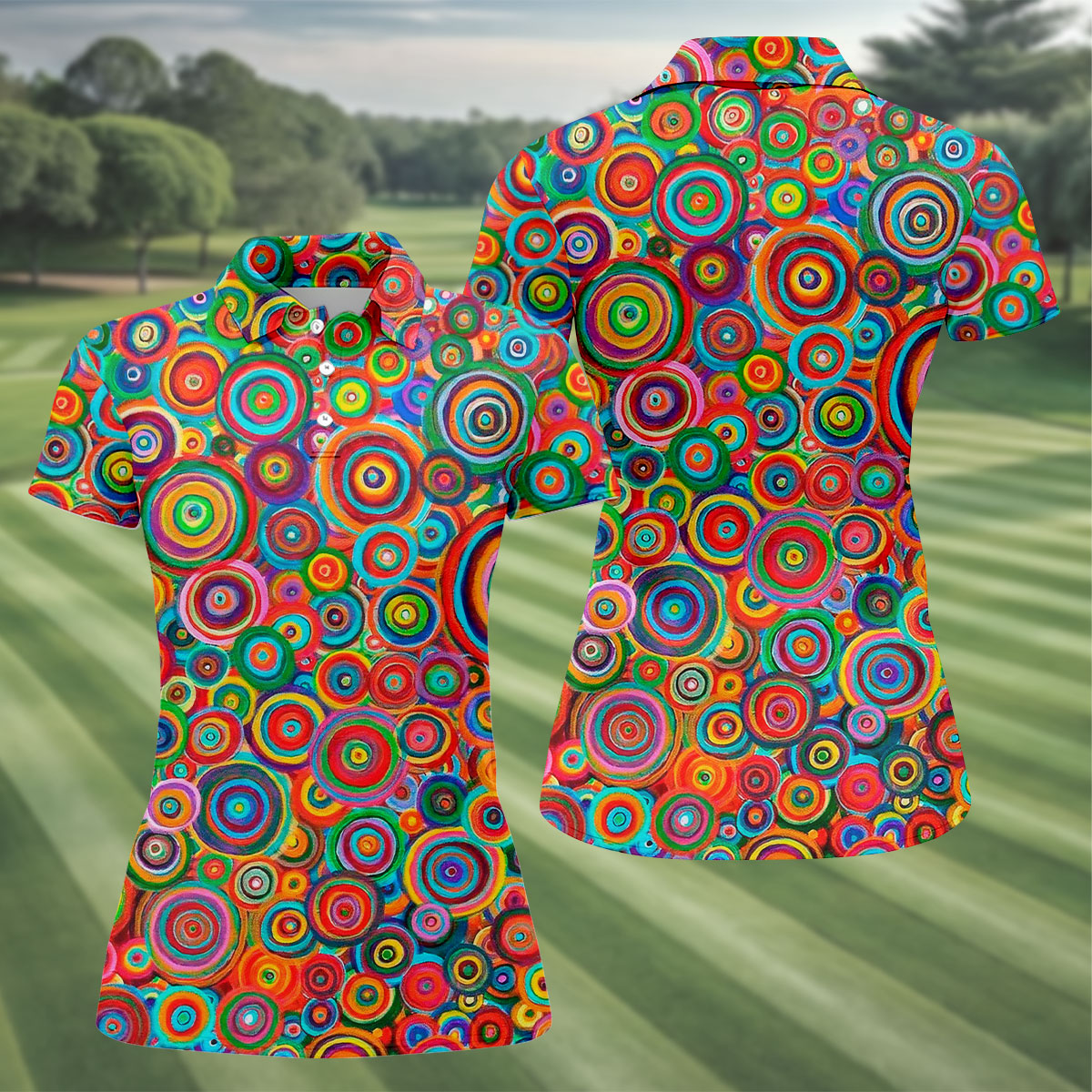 Colorful Abstract Circle Pattern Polo Shirt, Printed Golf Shirt, Hawaiian Golf Shirt, Women’s Golf Tops