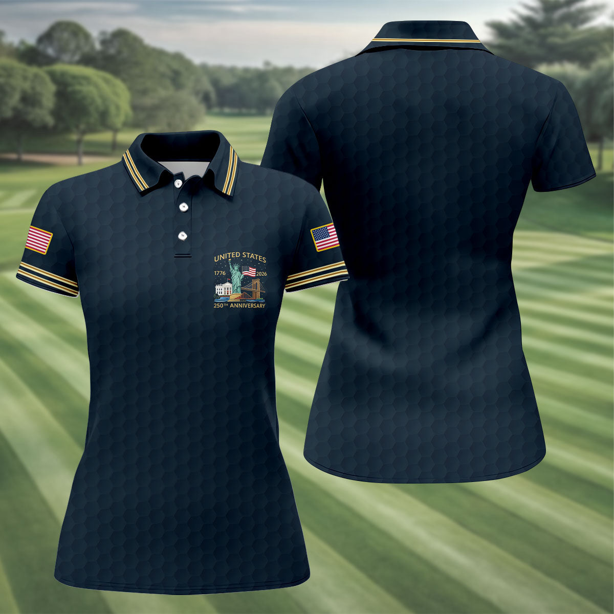 United States 250th Anniversary Golf Ball Pattern Navy Golf Shirt, 4th Of July Patriotic Golf Shirt For Women