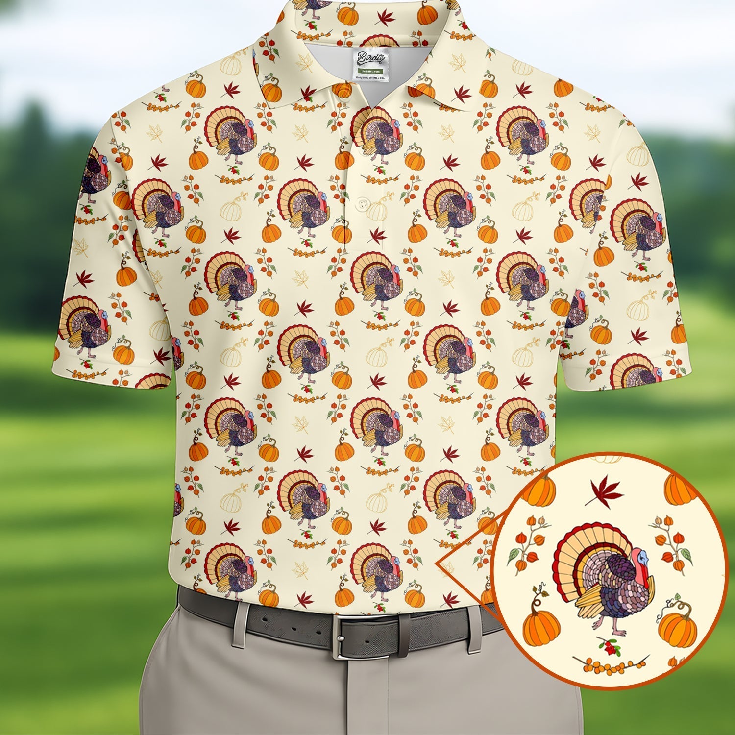 Turkey Pumpkin Thanksgiving Holiday Beige Golf Tops For Men, Polo ShirtFor Men, Golf Gift For Men, Golfing Apparel