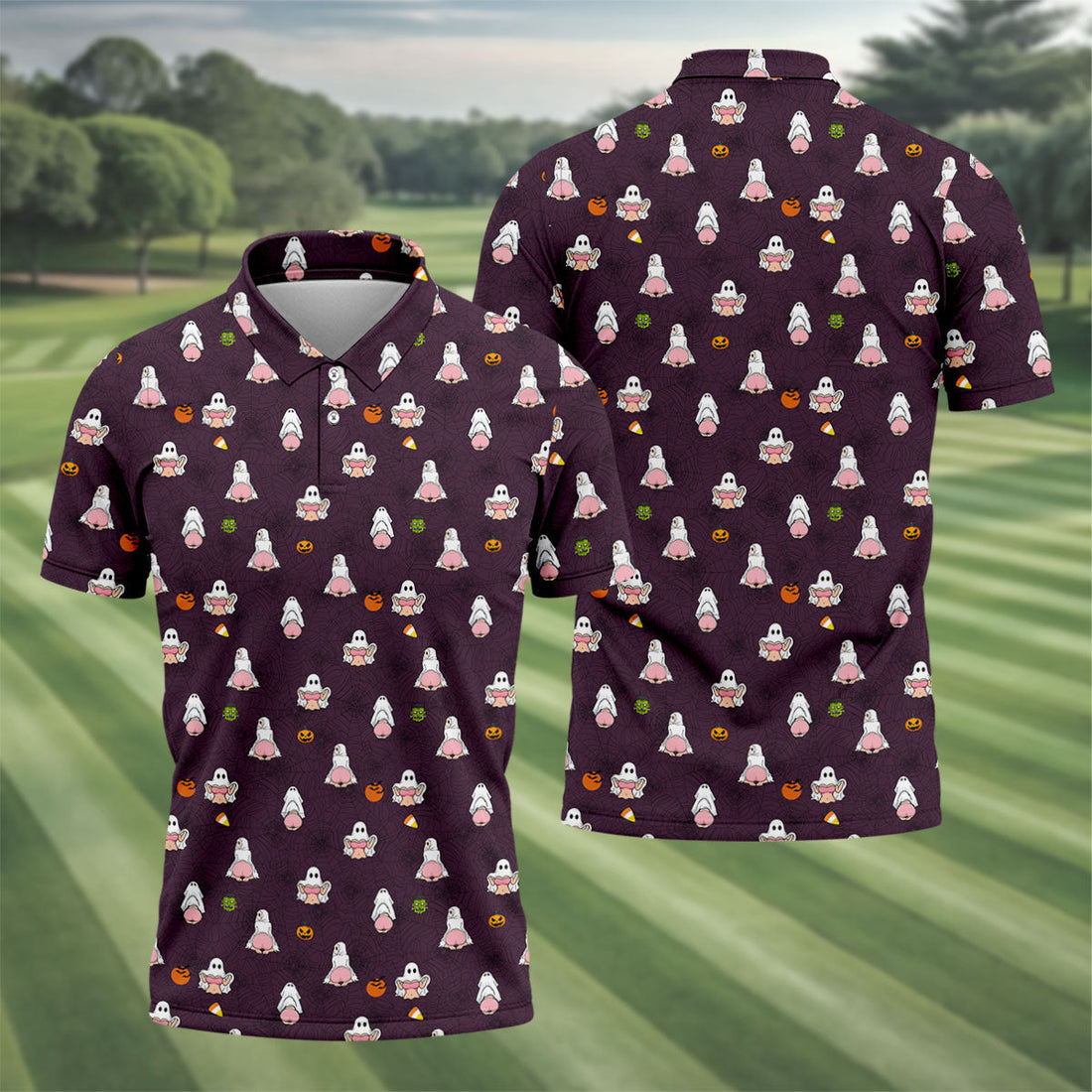 Cute Ghost Butt Halloween Pattern Golf Polo Shirt, Mens Golf Polo, Printed Golf Shirts