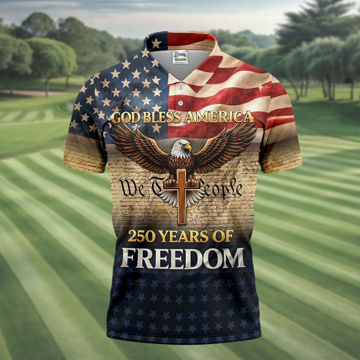 God Bless America 250 Years Of Freedom Retro Golf Shirt, Patriotic 4th Of July Golf Shirts For Men
