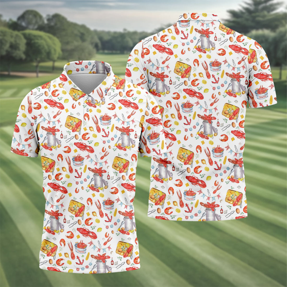 Crawfish Boil Seafood Pattern Polo Shirt, Hawaiian Golf Shirt, Golf Polo Shirts For Men