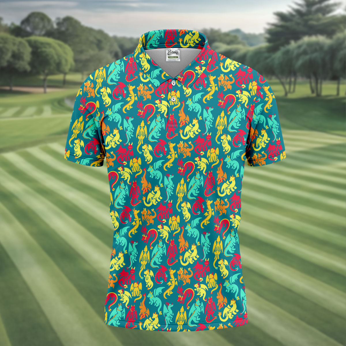 Cartoon Dragons Colorful Golf Shirt, Cute Golf Outfit, Polo Shirt Men, Golf Shirts For Men